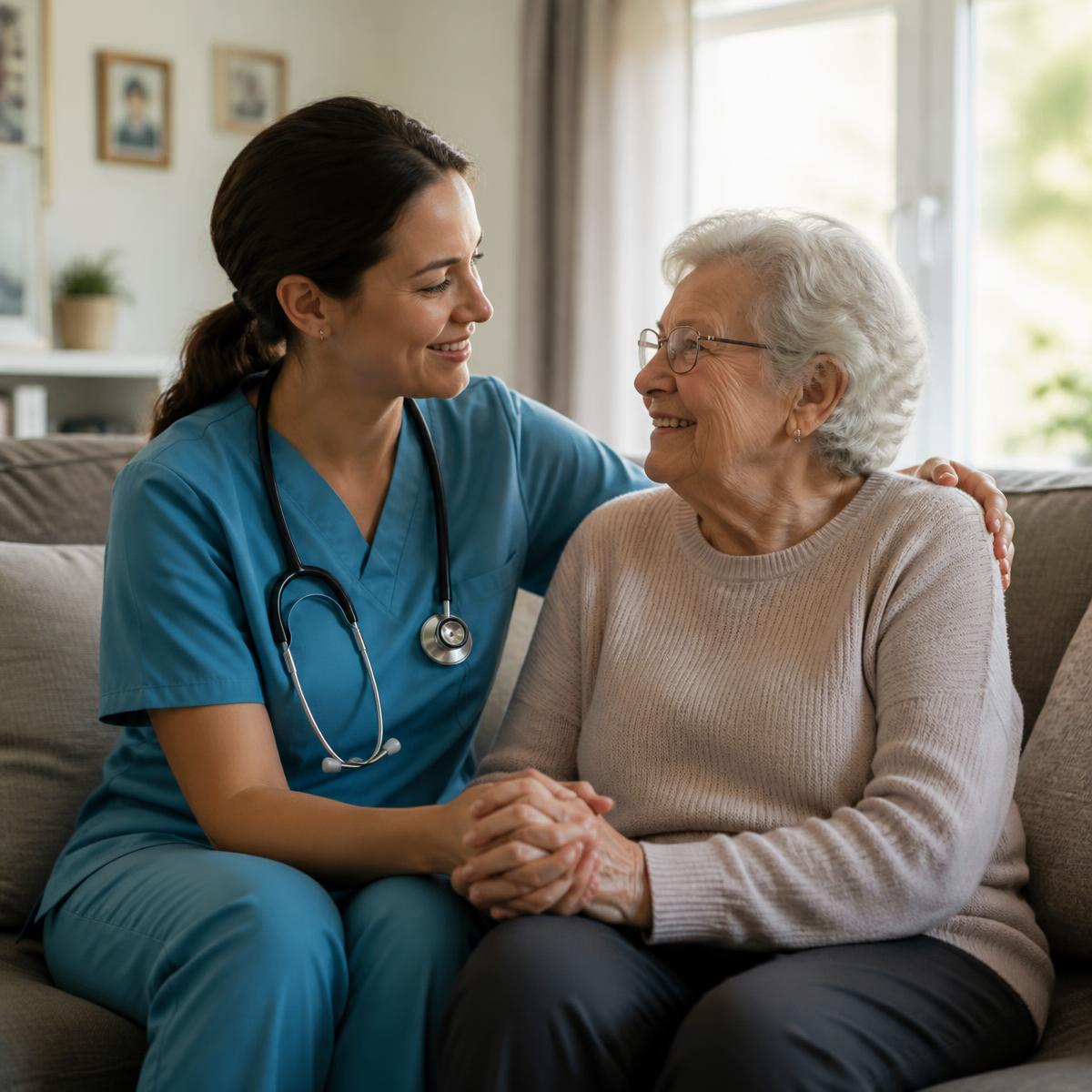 Nurse in teal scrubs holding the hand of a smiling elderly woman in her living room