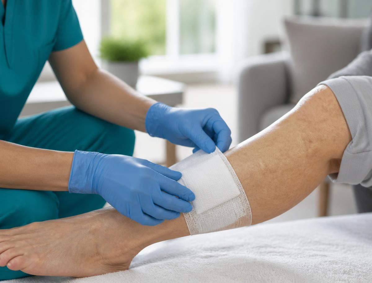 Clinician in gloves applying a clean wound dressing to an elderly patient's leg